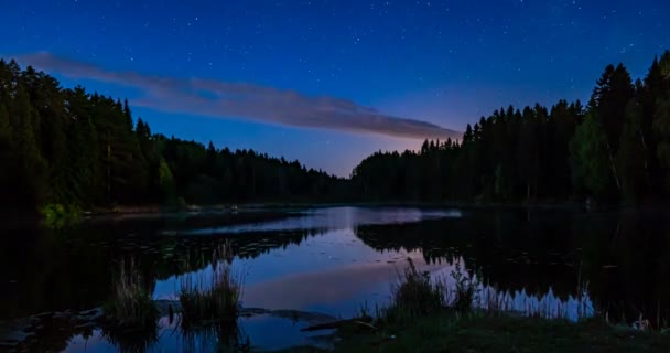 Vía Láctea y lapso de tiempo de estrellas sobre un lago tranquilo con siluetas de árboles — Vídeos de Stock