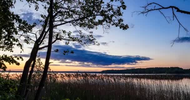 4K Časová prodleva, krásná obloha s tmavě modrými mraky pozadí, obloha s mraky počasí příroda mrak modrá, paprsky slunce přes strom, mraky při východu slunce — Stock video