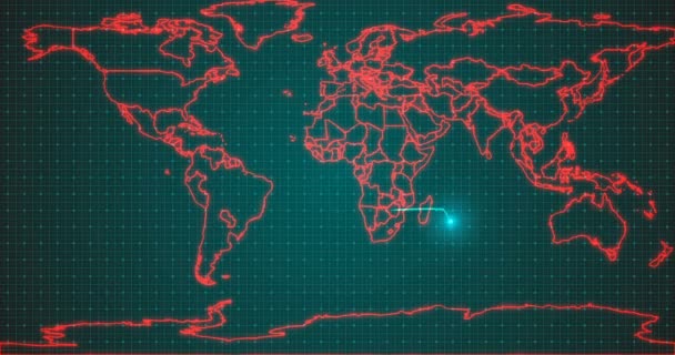 Electrocardiograma estilizado sobre un fondo de un mapa mundial con la denominación del virus covid-19, el concepto de pandemia global, canal alfa — Vídeo de stock