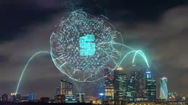Tidsförskjutning av kvällen stadsbilden med futuristiska inslag av telekommunikation, begreppet smart stad, kommunikation och dataöverföring — Stockvideo