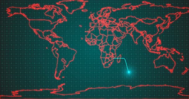 Stiliserad elektrokardiogram på en bakgrund av en världskarta med namngivning av covid-19 virus, begreppet en global pandemi, alfa-kanal — Stockvideo