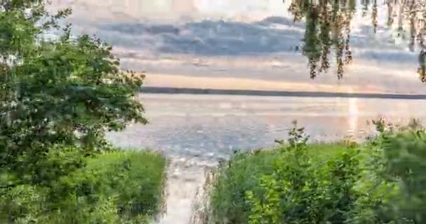 4K Time Lapse of lake. Green Forest. Nádherný zelený les nad jezerem v létě. Pohyb kamery napravo, časový skluz 4k. Hyperlapse. — Stock video