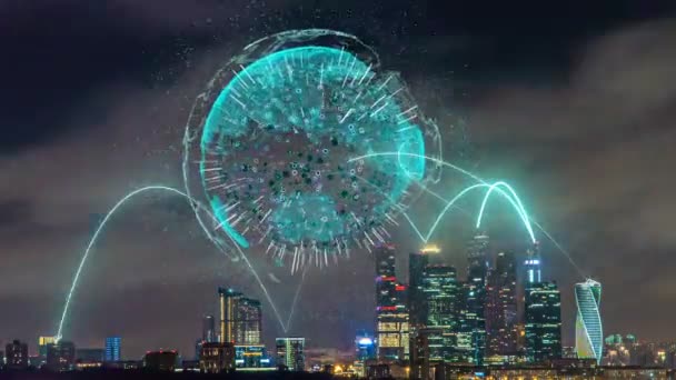 Upływ czasu wieczornego krajobrazu miejskiego z futurystycznymi elementami telekomunikacji, koncepcją inteligentnego miasta, komunikacji i transmisji danych — Wideo stockowe