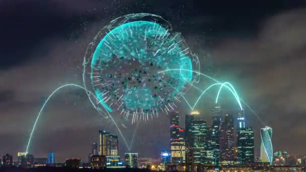 Caducidad del paisaje urbano nocturno con elementos futuristas de telecomunicaciones, concepto de ciudad inteligente, comunicaciones y transmisión de datos — Vídeos de Stock