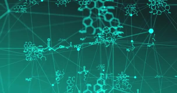 Las fórmulas químicas se mueven en el espacio, la ciencia y los conceptos matemáticos de investigación y desarrollo. Lazo de vídeo — Vídeo de stock