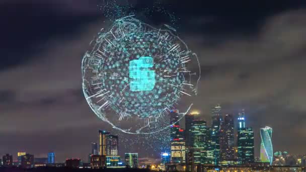 Tidsförskjutning av kvällen stadsbilden med futuristiska inslag av telekommunikation, begreppet smart stad, kommunikation och dataöverföring — Stockvideo
