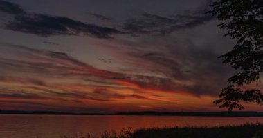 Gün doğumunda gölün üzerinde yavaşça geriye doğru uçuyor. Biraz ot ve sazlıklar görünüyor. 4k Gölün üzerindeki güzel yaz manzarası