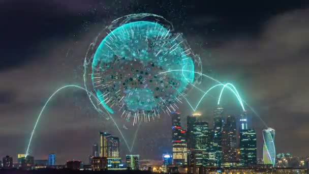 Az esti városkép időeltolódása a távközlés futurisztikus elemeivel, az intelligens város koncepciójával, a kommunikációval és az adatátvitellel — Stock videók