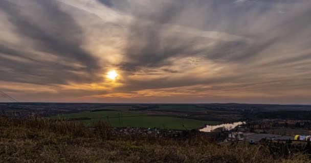 Aerial View Of Sunshine Bright Dramatic Sky. Scenic Colorful Sky At Dawn. Sunset Sky Above Autumn Field And Meadow, Forest Landscape In Evening. Top View From High Attitude. Hyperlapse — Stock Video