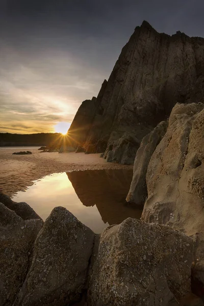 Solnedgång Vid Tre Klippor Bay Halvön Gower Swansea South Wales — Stockfoto
