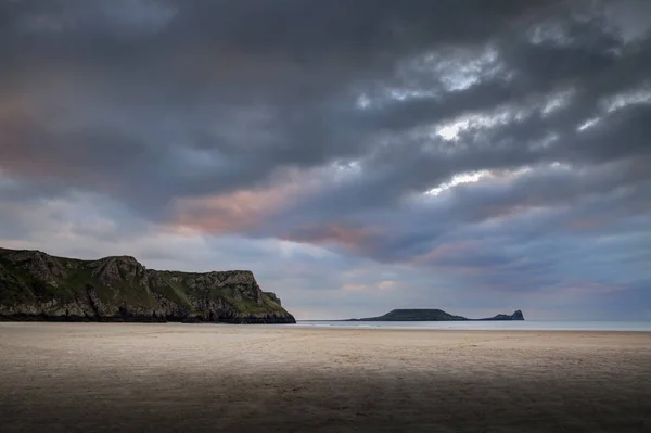 Sunset Clouds Rhossili Bay Worms Head Gower Peninsula Swansea South — Stock Photo, Image