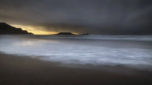 Zachód Słońca Worms Head Rhossili Bay Półwyspie Gower Swansea Południowa — Zdjęcie stockowe