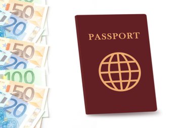 Pasaportu beyaz arka planda izole edilmiş avro banknotu.