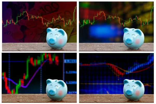 Banco Piggy Azul Tabela Madeira Sobre Parte Estoque Parte Fundo — Fotografia de Stock
