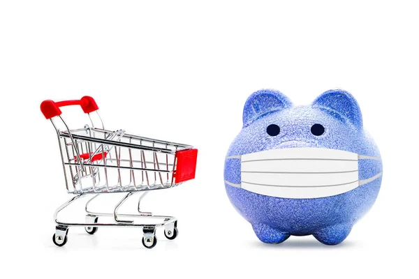 Piggy Bank Com Carrinho Compras Miniatura Sobre Fundo Branco Imagem — Fotografia de Stock