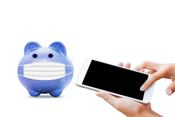 Banco Porquinho Azul Com Mão Segurar Telefone Inteligente Isolado Fundo — Fotografia de Stock