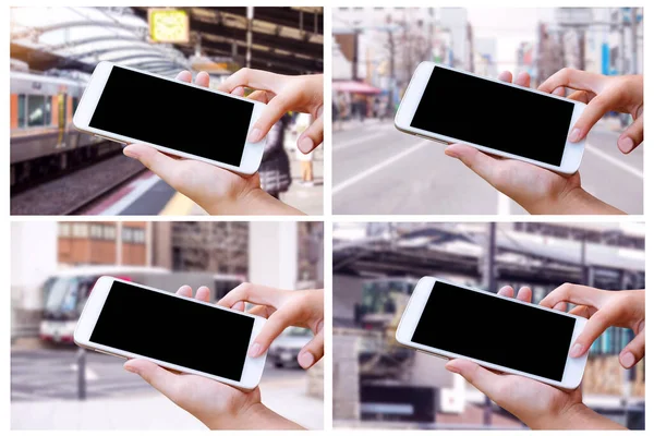 Kadın Ele Tutuşup Ekrandaki Akıllı Telefona Cep Telefonuna Dokunuyor — Stok fotoğraf
