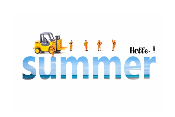 Miniature Worker Text Hello Summer Isolated White Concept Summer Holiday — Stock Photo, Image