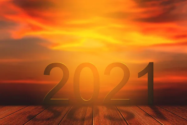 Text 2021 Auf Holzattrappe Über Verschwommenem Sonnenuntergangshimmel Für Neujahrskonzept — Stockfoto