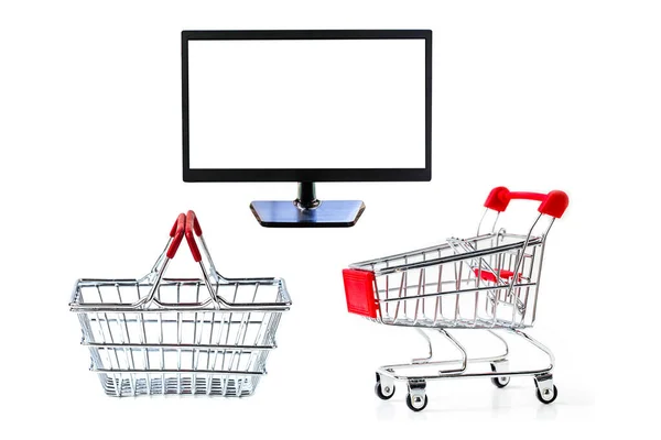 Pantalla Monitor Carrito Compras Cesta Sobre Fondo Blanco Para Escaparate — Foto de Stock