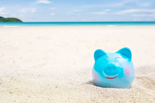 Summer Happy Piggy Bank Sand Beach Blurred Tropical Blue Sea — Fotografia de Stock