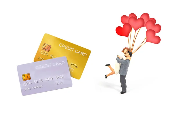 Demo Credit Card Miniature People Euro Money White Background — Stock Photo, Image