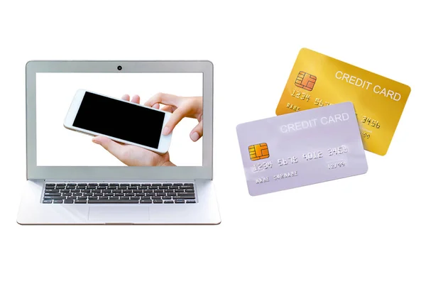 Demo Credit Card Notebook Laptop Isolated White Background — Stock Photo, Image