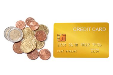 beyaz arka planda euro para banknotu ile demo kredi kartı ile modelleme.