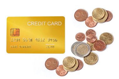 beyaz arka planda euro para banknotu ile demo kredi kartı ile modelleme.