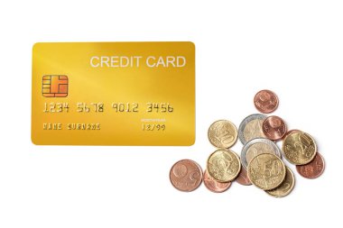 beyaz arka planda euro para banknotu ile demo kredi kartı ile modelleme.