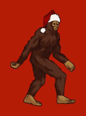 Snow man in Santa Claus hat - Christmas bigfoot illustration - Santa sasquatch clipart