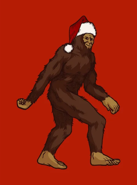 Homem de neve em chapéu de Papai Noel - Natal ilustração bigfoot - Santa sasquatch — Vetor de Stock