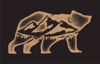 Ayı ve dağlar çifte maruziyet klasik tasarım - yürüyüş afişi