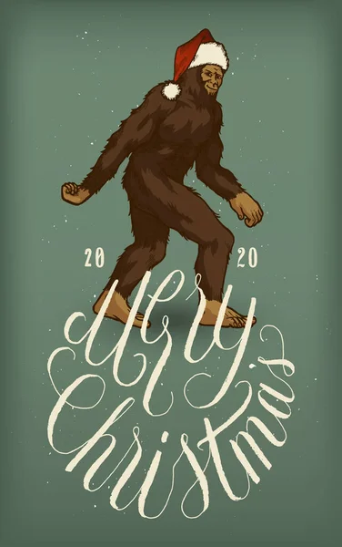 Bigfoot em Santa Claus chapéu ilustração com um Feliz Natal elegante caligrafia - ilustração vetorial — Vetor de Stock