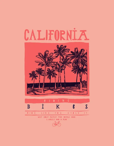 カリフォルニアの自転車-熱帯ヤシの木の海のビーチ自転車Tシャツ｜print — ストックベクタ