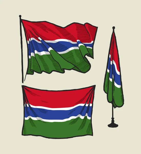 Flagge von Gambia auf dem Wind und an der Wand Vektor Zeichnung Illustrationsset — Stockvektor