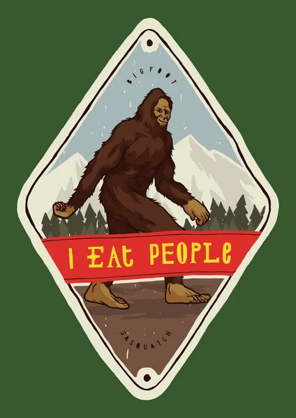 Bigfoot in the mountains - I eat people - colorful hiking print — Stock Vector