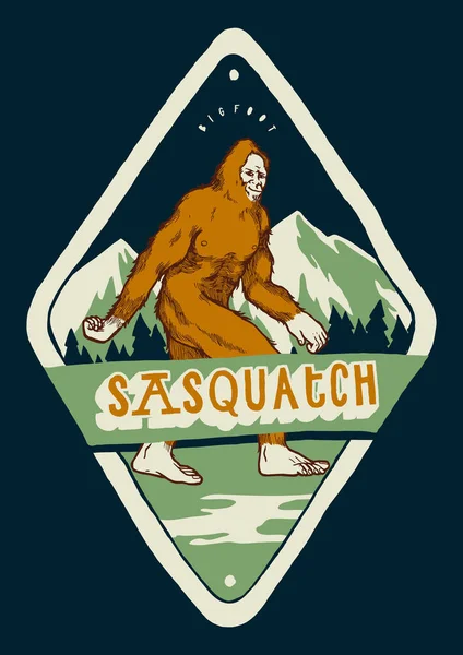 Sasquatch t-shirt print - pé grande andando nas montanhas - tipografia vintage ilustração crachá — Vetor de Stock