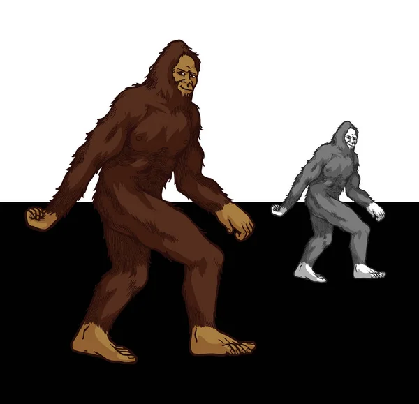 Bigfoot περπάτημα - μυστικιστικό πλάσμα sasquatch χρωματιστό και διαβαθμίσεις του γκρι όμορφη εμφάνιση στο σκοτάδι και το φως φόντο — Διανυσματικό Αρχείο