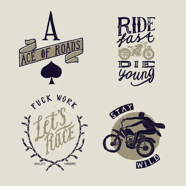 Vintage Motorrad T-Shirt Designset - Ass im Ärmel, schnell fahren - jung sterben, ficken arbeiten - lasst uns Rennen fahren, wild bleiben. Radfahrerabdrücke — Stockvektor