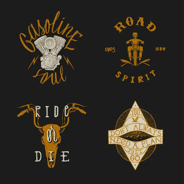 Motorrad Fahrer T-Shirt Print: Benzin Seele, Road Spirit Biker, Ride or Die - Kuhschädel mit Motorradlenker Hörner, Wandermotivation Zitat Vintage Typografie Print. — Stockvektor