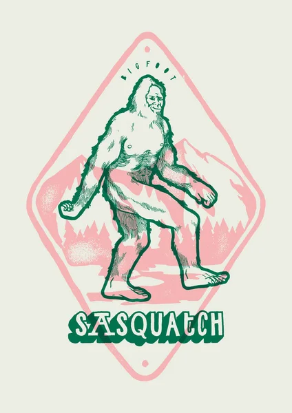 Bigfoot před horami - Sasquatch vintage tričko potisk v růžových a zelených barvách - vektorová ilustrace nejlepší pro sítotisk — Stockový vektor