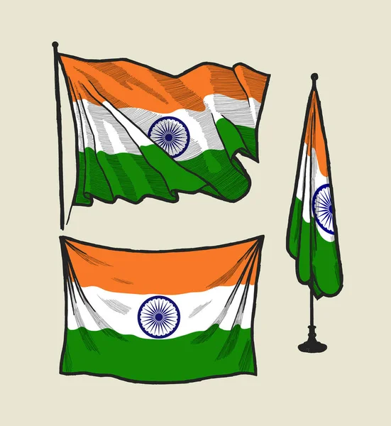 Bandiera dell'India sul vento e sul muro - set di illustrazioni vettoriali — Vettoriale Stock