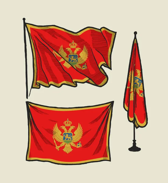 Drapeau Montenegro Sur Vent Sur Mur Dessin Vectoriel Illustration Set — Image vectorielle