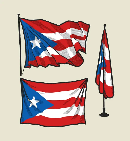 風と壁の上のプエルトリコの旗 ベクトル描画イラストセット — ストックベクタ