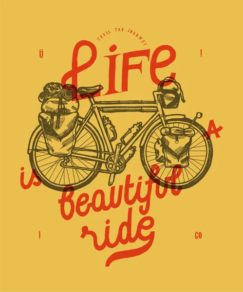 Livet är en vacker resa - nomad cykel resor - turistiska cykel bokstäver — Stock vektor