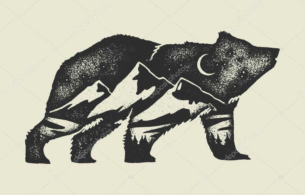 Explore the outdoors - bear in front of the ice covered mountain peak - wild nature life - vintage hiking print - distressed vector illustration