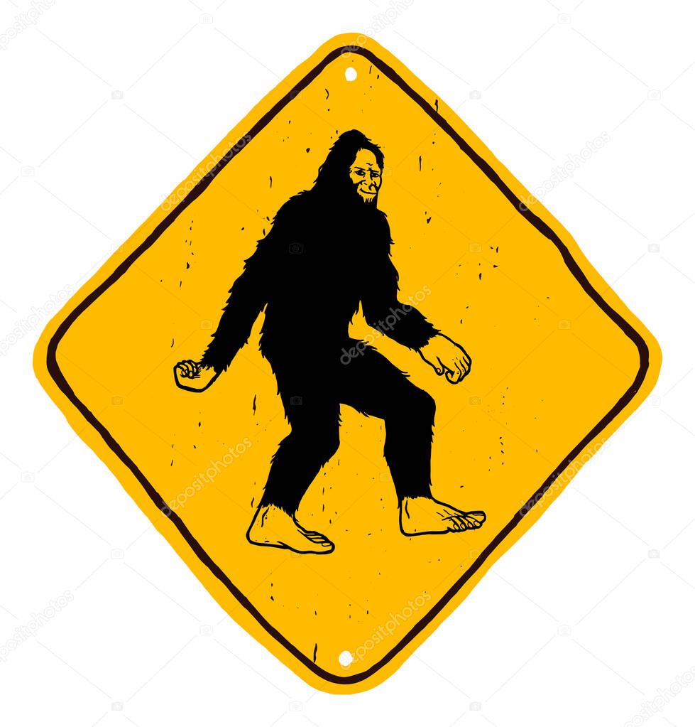 Bigfoot road sign - yellow diamond shape warning hand drawn sign with yeti - beware of sasquatch
