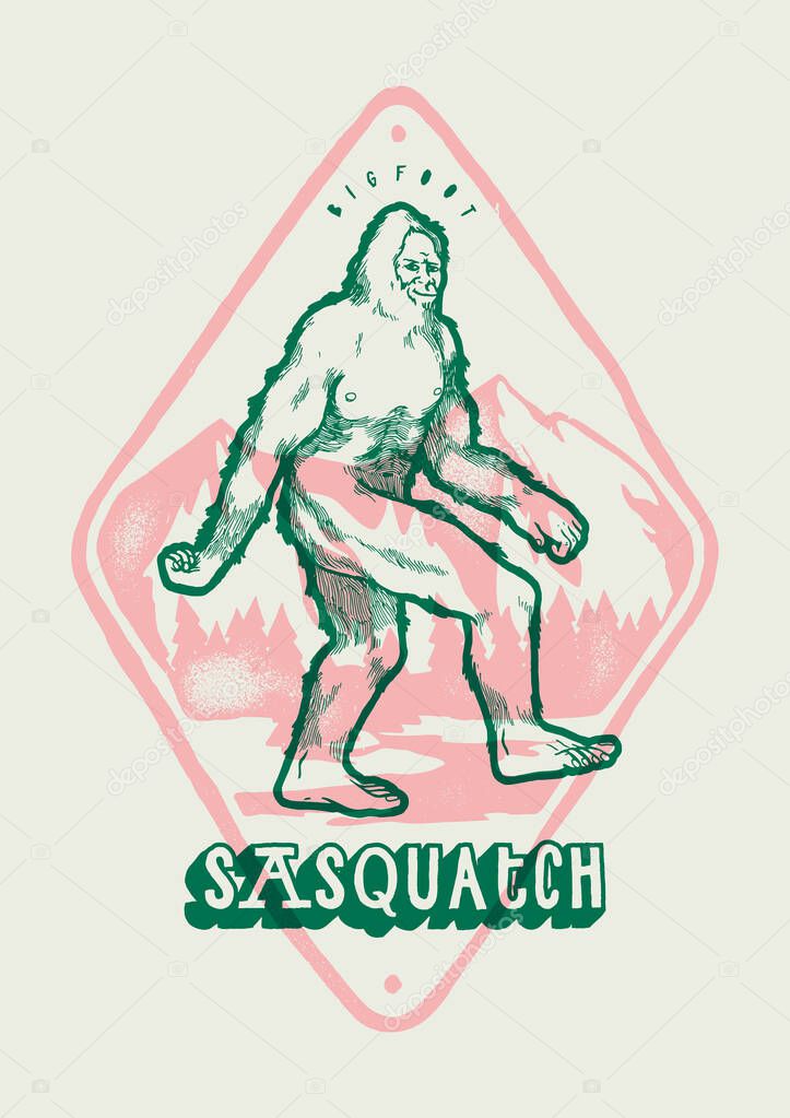 Bigfoot in front of the mountains - Sasquatch vintage t-shirt print in pink and green colors - vector illustration best for screenprinting