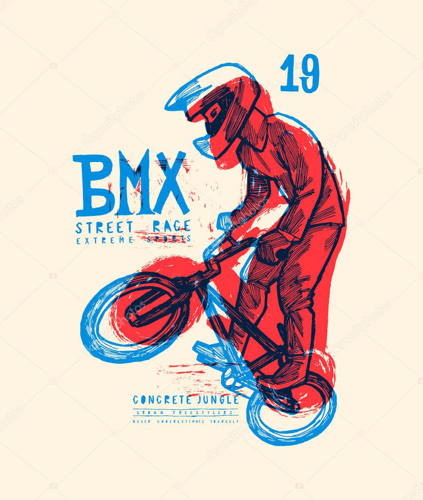 Bmx extreme bicycle tricks - grungy vintage typography t-shirt print